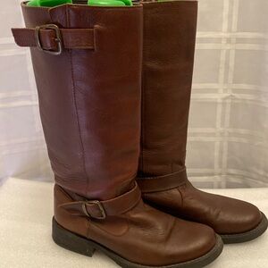 Steve Madden Brown Leather Pull On Faux Buckle Knee High Boots Size 8 1/2